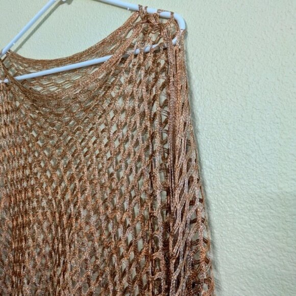 Handmade Boho Open Weave Copper Poncho With Fringed Hem & Shimmering Threads - Picture 2 of 6